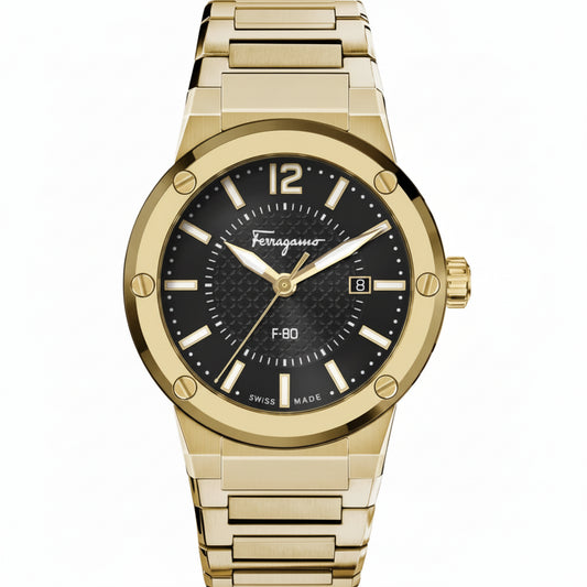Ferragamo Men’s Swiss Made Quartz Gold Stainless Steel Black Dial 44mm Watch SFHY00821