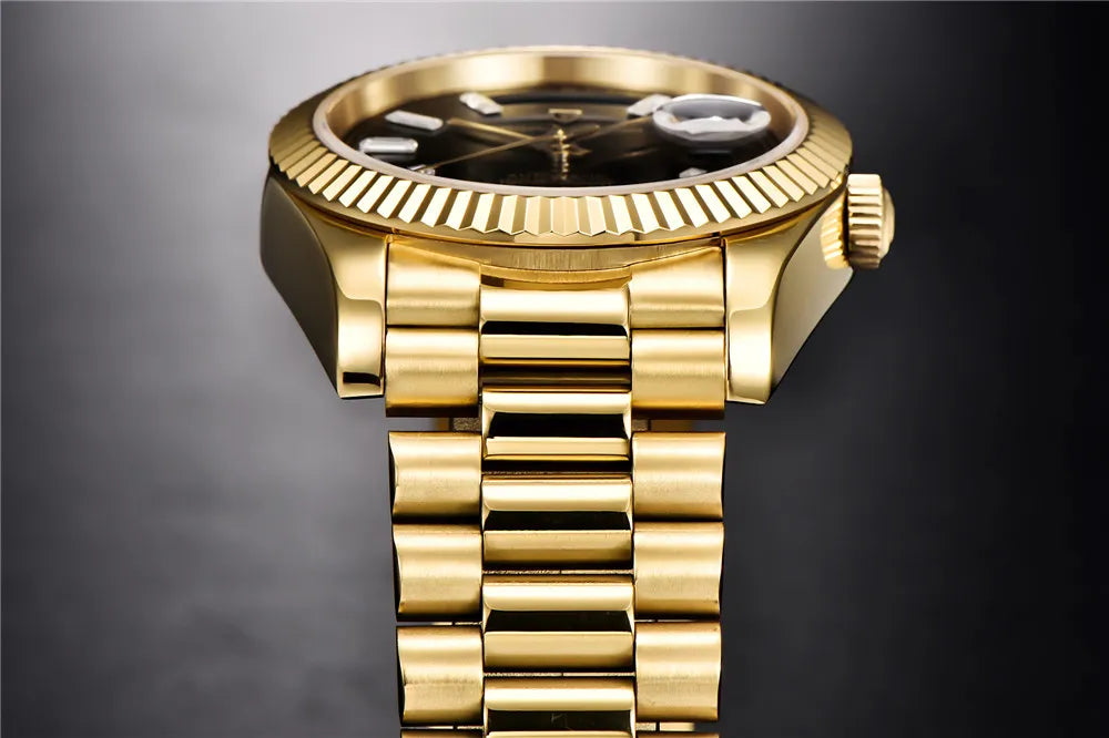 PAGANI DESIGN MEN'S DAYNDATE GOLDEN PRESIDENT AUTOMATIC BUGET STONED BLACK DAIL 36MM CHAIN WATCH SKU-PD1752