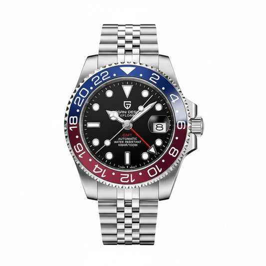 PAGANI DESIGN MEN'S WATCH GMT SILVER JUBILEE STAINLESS STEEL AUTOMATIC BLACK DAIL PEPSI WATCH SKU-