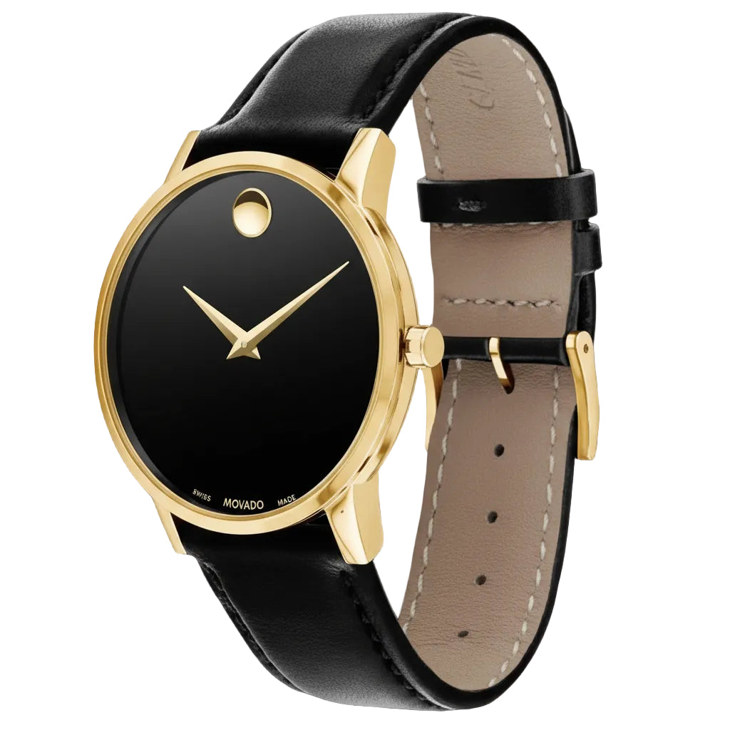 Movado Men’s Swiss Made Quartz Golden Black Leather Strap Blue Dial 40mm Watch 0607314