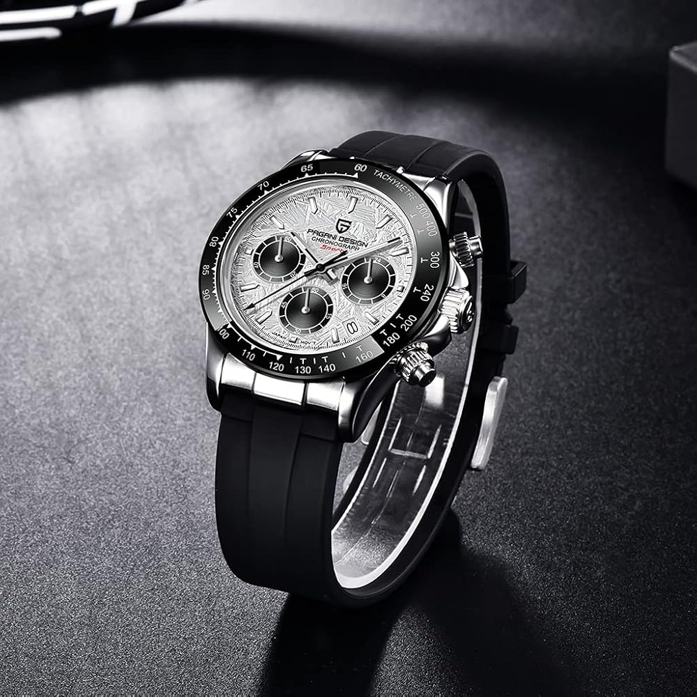 PAGANI DESIGN MEN'S DAYTONA MARBLE DAIL SILVER STAINLESS STEEL WITH SILICON STRAP JAPANEES QUARTZ SKU-PD1664