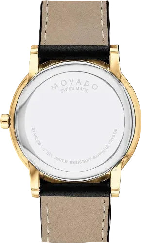 Movado Men’s Swiss Made Quartz Golden Black Leather Strap Blue Dial 40mm Watch 0607314
