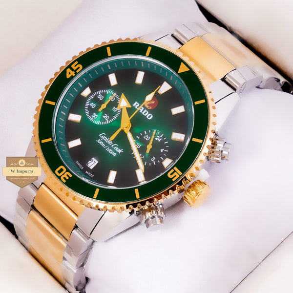 NEW LATEST CHRONOGRAPH COLLECTION TWO TONE YELLOW GOLD WITH GREEN DAIL & CHAIN WATCH