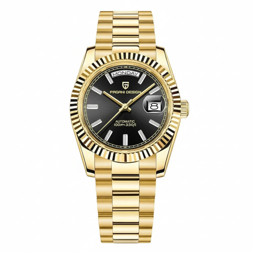 PAGANI DESIGN MEN'S DAYNDATE GOLDEN PRESIDENT AUTOMATIC BUGET STONED BLACK DAIL 36MM CHAIN WATCH SKU-PD1752