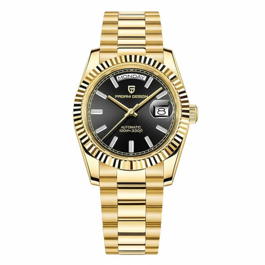 PAGANI DESIGN MEN'S DAYNDATE GOLDEN PRESIDENT AUTOMATIC BUGET STONED BLACK DAIL 36MM CHAIN WATCH SKU-PD1752