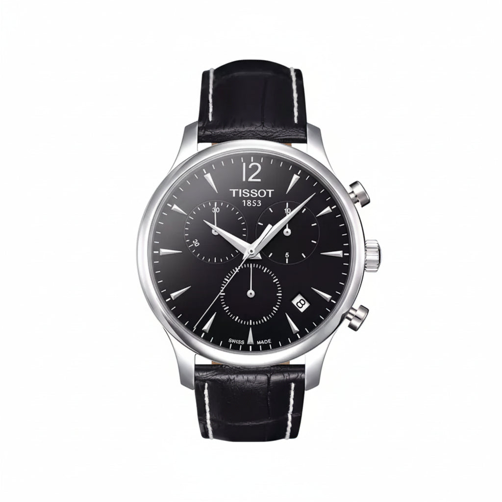TISSOT Men’s Quartz Swiss Made Black Leather Strap Black Dial 42mm Watch T063.617.16.057.00