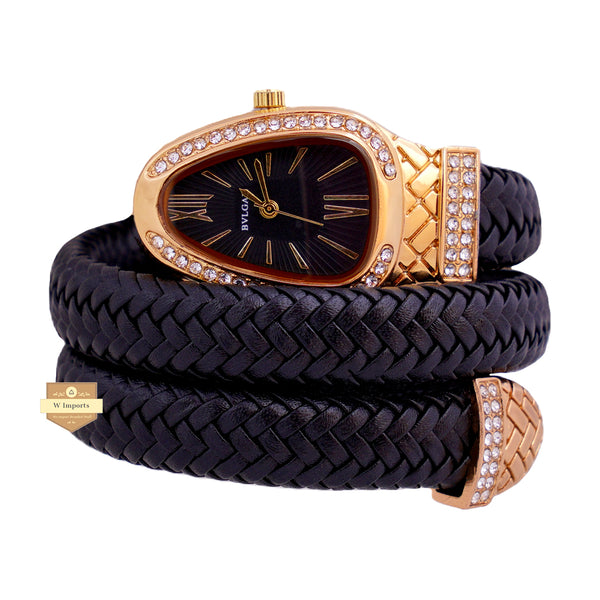 NEW LATEST COLLECTION SNAKE STYLE YELLOW GOLD WITH BLACK LADIES WATCH
