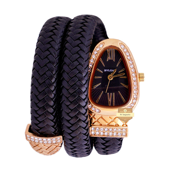 NEW LATEST COLLECTION SNAKE STYLE YELLOW GOLD WITH BLACK LADIES WATCH