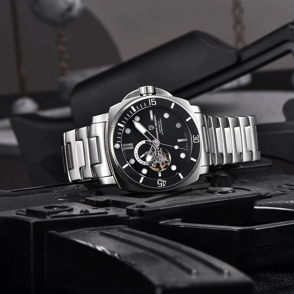 PAGANI DESIGN MEN'S OPEN HEART AUTOMATIC STAINLESS STEEL CHAIN BLACK DAIL WATCH SKU-PD1736