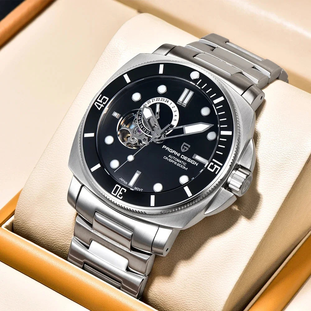 PAGANI DESIGN MEN'S OPEN HEART AUTOMATIC STAINLESS STEEL CHAIN BLACK DAIL WATCH SKU-PD1736