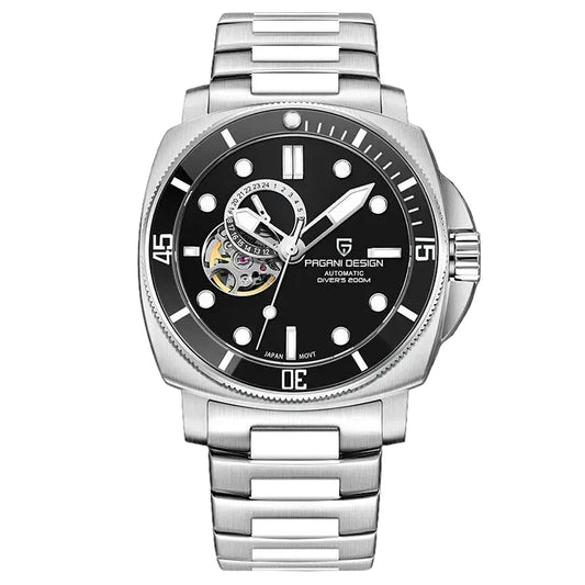 PAGANI DESIGN MEN'S OPEN HEART AUTOMATIC STAINLESS STEEL CHAIN BLACK DAIL WATCH SKU-PD1736