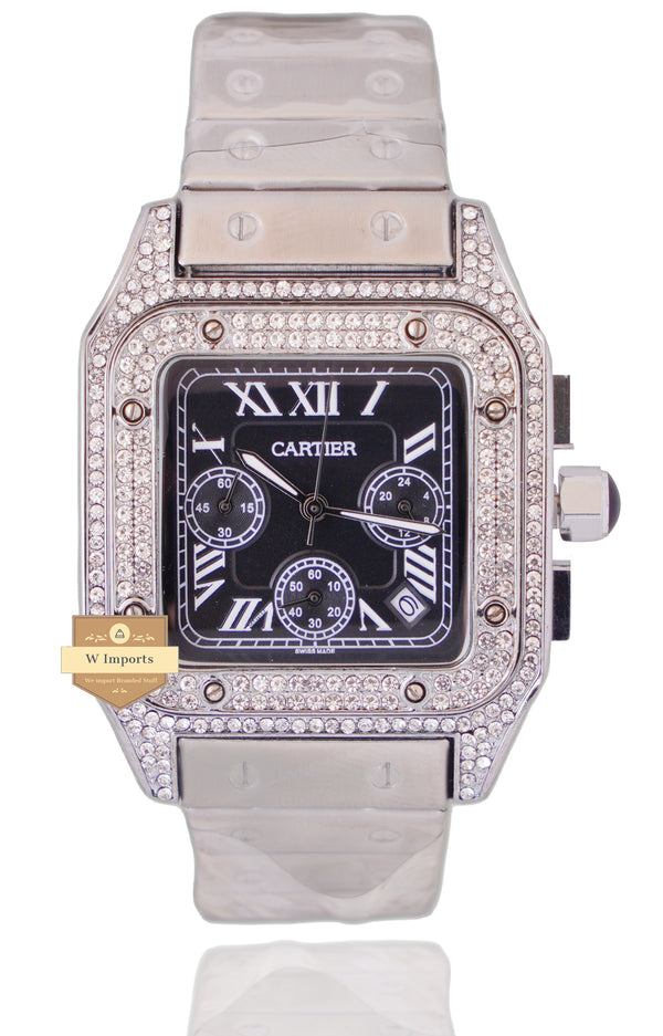 NEW ARRIVAL CHRONOGRAPH COLLECTION STONED CASE SILVER WITH BLACK DIAL & CHAIN WATCH