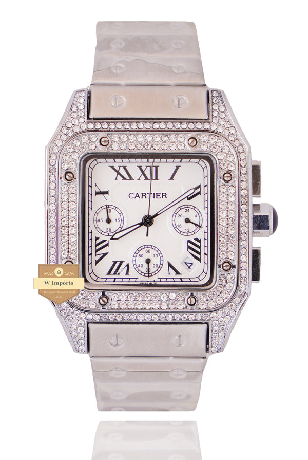 NEW ARRIVAL CHRONOGRAPH COLLECTION STONED CASE SILVER WITH WHITE DIAL & CHAIN WATCH