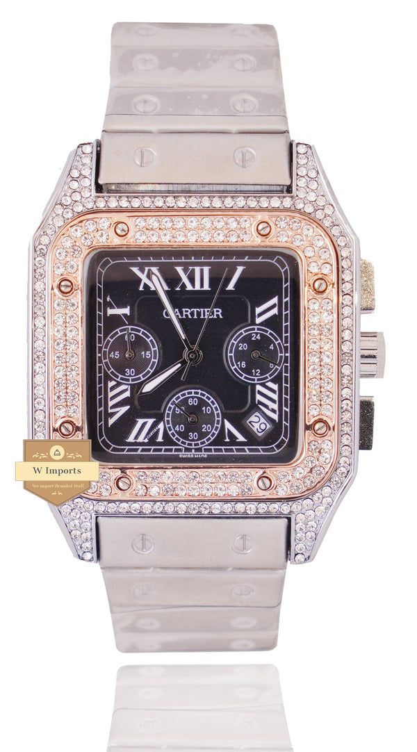NEW ARRIVAL CHRONOGRAPH COLLECTION STONED CASE TWO TONE ROSE GOLD WITH BLACK DIAL & CHAIN WATCH