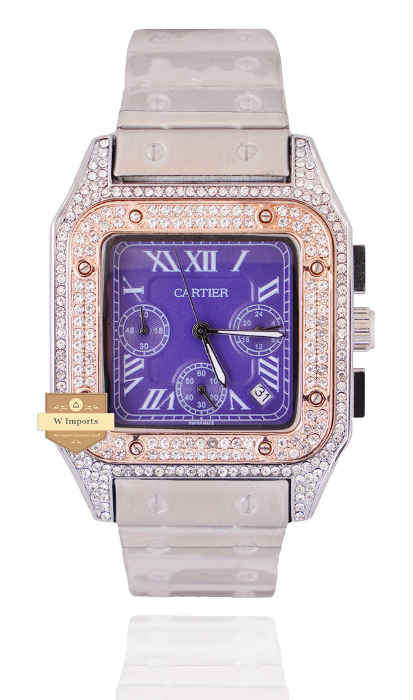 NEW ARRIVAL CHRONOGRAPH COLLECTION STONED CASE TWO TONE ROSE GOLD WITH PURPLE DIAL & CHAIN WATCH