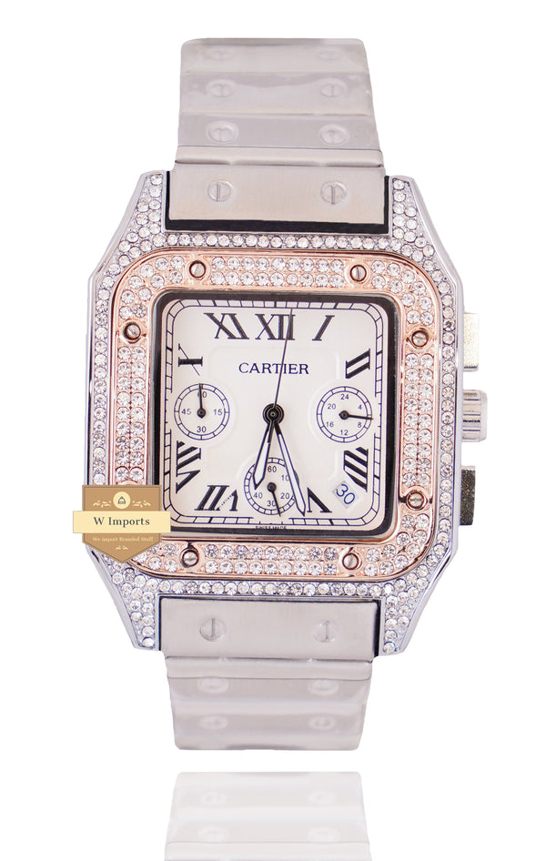 NEW ARRIVAL CHRONOGRAPH COLLECTION STONED CASE TWO TONE ROSE GOLD WITH WHITE DIAL & CHAIN WATCH