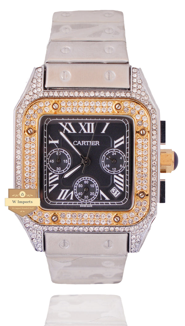NEW ARRIVAL CHRONOGRAPH COLLECTION STONED CASE TWO TONE YELLOW GOLD WITH BLACK DIAL & CHAIN WATCH