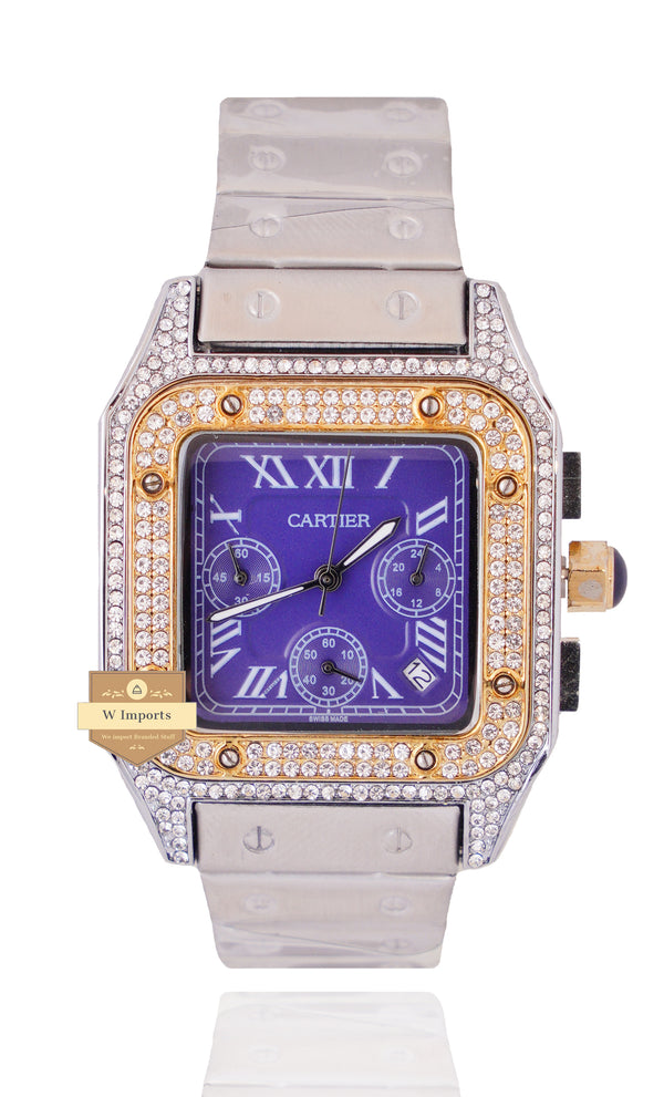 NEW ARRIVAL CHRONOGRAPH COLLECTION STONED CASE TWO TONE YELLOW GOLD WITH PURPLE DIAL & CHAIN WATCH