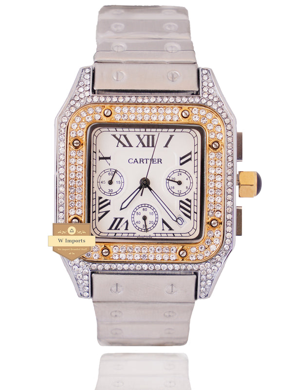 NEW ARRIVAL CHRONOGRAPH COLLECTION STONED CASE TWO TONE YELLOW GOLD WITH WHITE DIAL & CHAIN WATCH