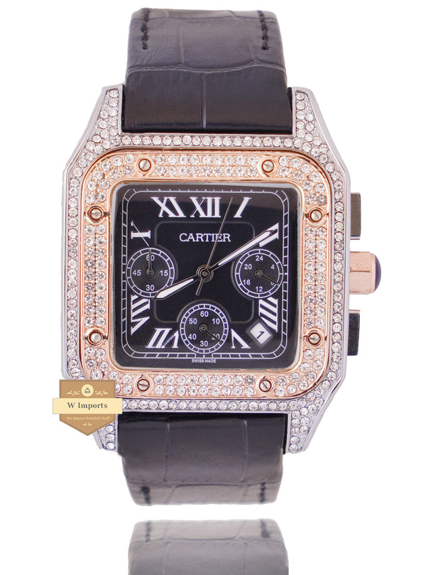 NEW ARRIVAL CHRONOGRAPH COLLECTION STONED CASE TWO TONE ROSE GOLD WITH BLACK DIAL & LEATHER STRAP WATCH