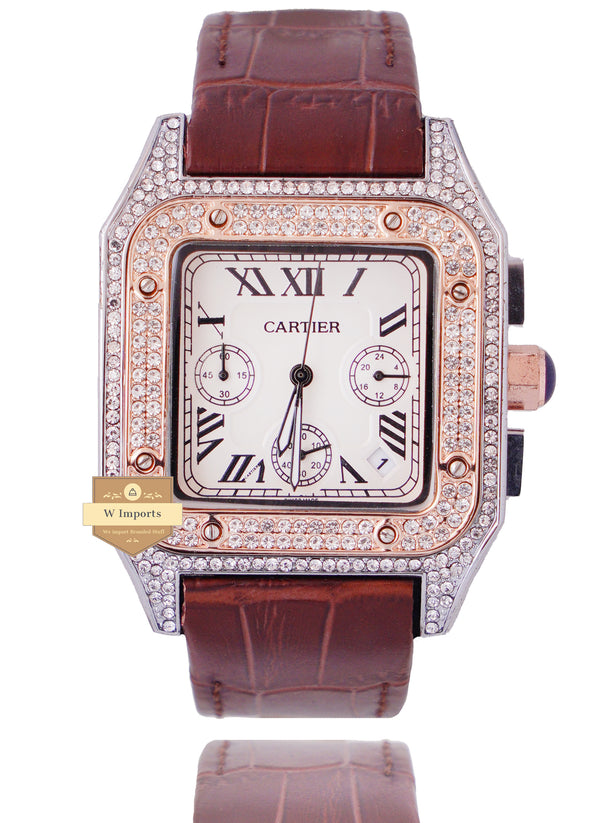 NEW ARRIVAL CHRONOGRAPH COLLECTION STONED CASE TWO TONE ROSE GOLD WITH WHITE DAIL & LEATHER STRAP WATCH