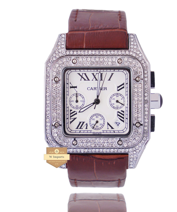 NEW ARRIVAL CHRONOGRAPH COLLECTION STONED CASE SILVER WITH WHITE DAIL & LEATHER STRAP WATCH