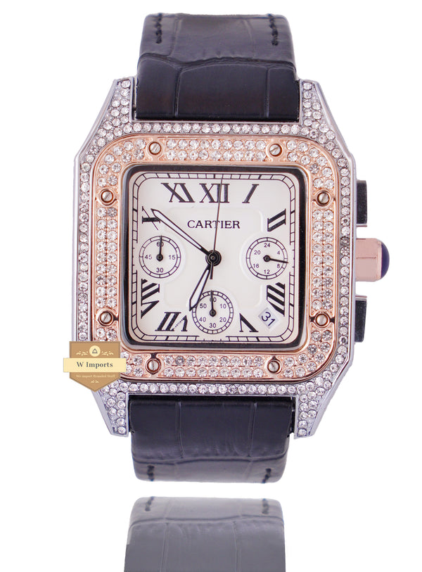 NEW ARRIVAL CHRONOGRAPH COLLECTION STONED CASE TWO TONE ROSE GOLD WITH WHITE DIAL & LEATHER STRAP WATCH