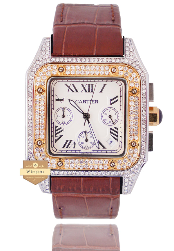 NEW ARRIVAL CHRONOGRAPH COLLECTION STONED CASE TWO TONE YELLOW GOLD WITH WHITE DAIL & LEATHER STRAP WATCH