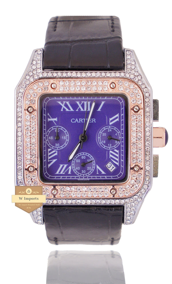 NEW ARRIVAL CHRONOGRAPH COLLECTION STONED CASE TWO TONE ROSE GOLD WITH PURPLE DIAL & LEATHER STRAP WATCH