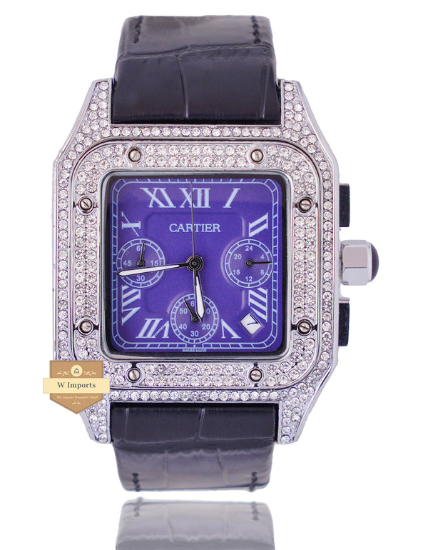 NEW ARRIVAL CHRONOGRAPH COLLECTION STONED CASE SILVER WITH PURPLE DAIL & LEATHER STRAP WATCH