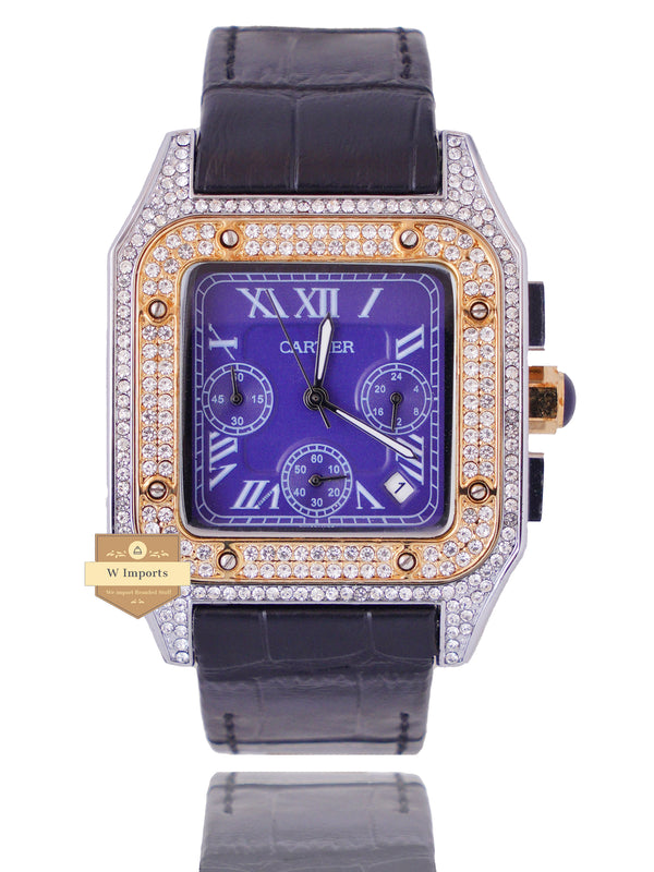 NEW ARRIVAL CHRONOGRAPH COLLECTION STONED CASE TWO TONE YELLOW GOLD WITH PURPLE DIAL & LEATHER STRAP WATCH