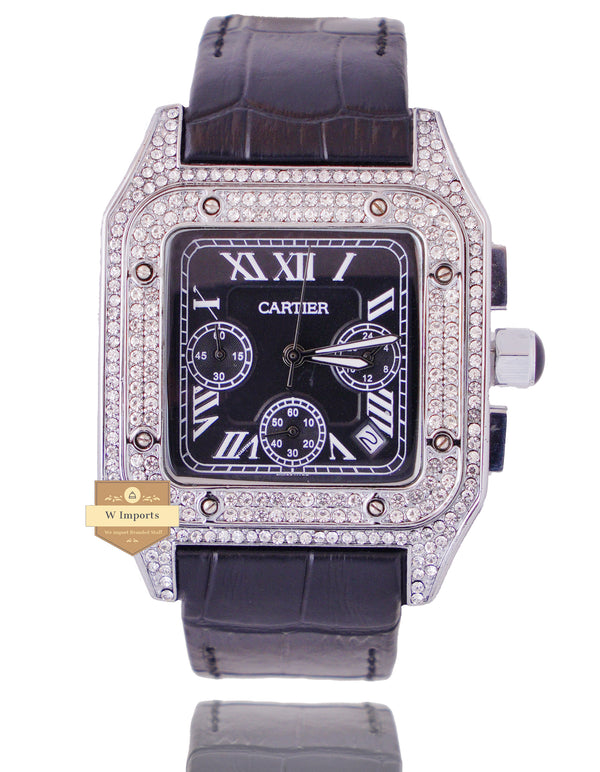 NEW ARRIVAL CHRONOGRAPH COLLECTION STONED CASE SILVER WITH BLACK DIAL & LEATHER STRAP WATCH