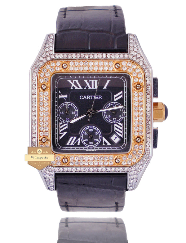 NEW ARRIVAL CHRONOGRAPH COLLECTION STONED CASE TWO TONE YELLOW GOLD WITH BLACK DIAL & LEATHER STRAP WATCH
