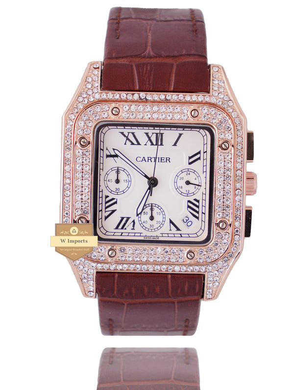 NEW ARRIVAL CHRONOGRAPH COLLECTION STONED CASE ROSE GOLD WITH WHITE DAIL & LEATHER STRAP WATCH