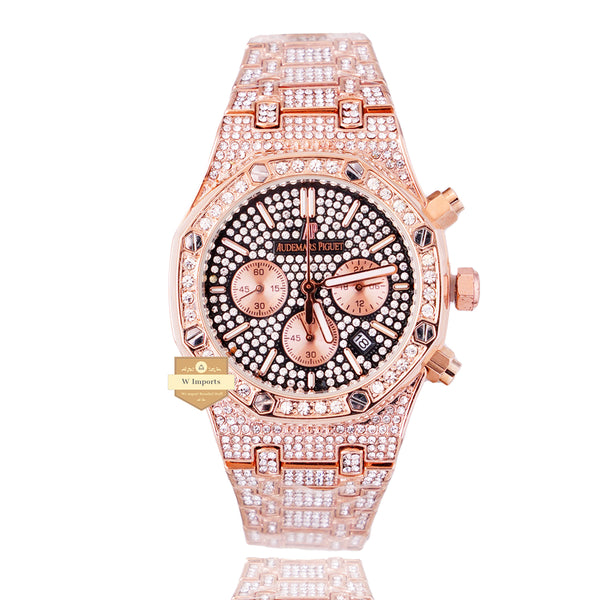 NEW LATEST CHRONOGRAPH COLLECTION ALL ROSE GOLD STONED WITH SILVER STONED DIAL ZARKOON CHAIN WATCH