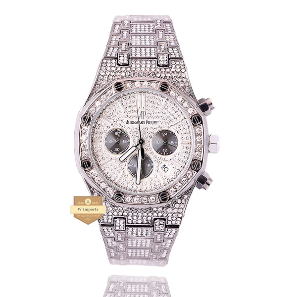 NEW LATEST CHRONOGRAPH COLLECTION ALL SILVER STONED WITH SILVER STONED DIAL ZARKOON CHAIN WATCH