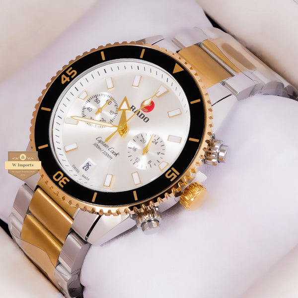 NEW LATEST CHRONOGRAPH COLLECTION TWO TONE YELLOW GOLD WITH SILVER  DAIL & CHAIN WATCH