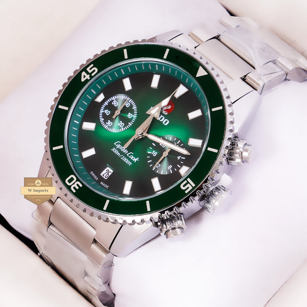 NEW LATEST CHRONOGRAPH COLLECTION SILVER WITH GREEN DAIL & CHAIN WATCH