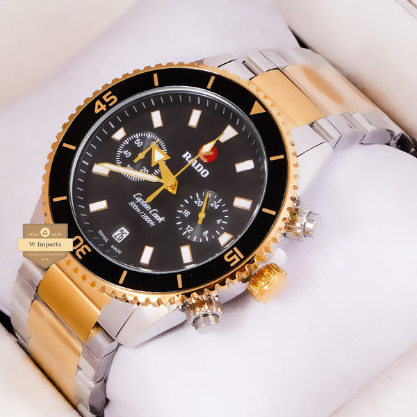 NEW LATEST CHRONOGRAPH COLLECTION TWO TONE YELLOW GOLD WITH BLACK DAIL & CHAIN WATCH