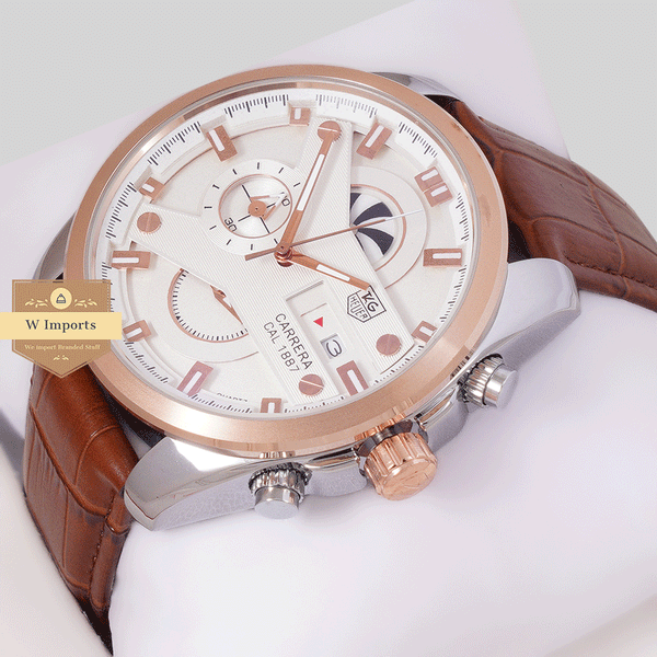 CHRONOGRAPH COLLECTIONTWO TONE ROSE GOLD WITH WHITE DAIL & LEATHER STRAP WATCH