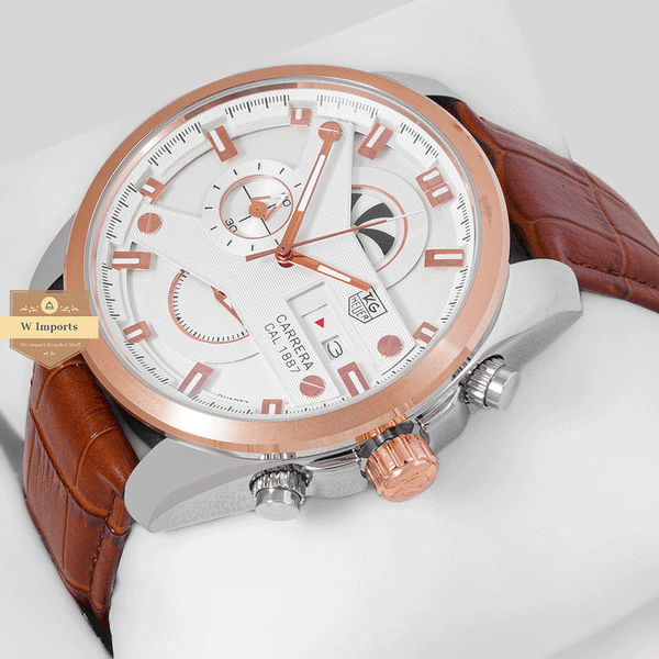 CHRONOGRAPH COLLECTIONTWO TONE ROSE GOLD WITH WHITE DAIL & LEATHER STRAP WATCH