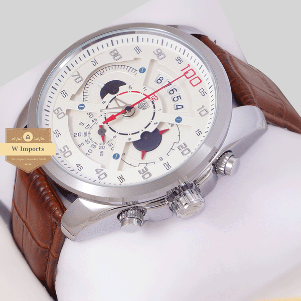 CHRONOGRAPH COLLECTION SILVER WITH WHITE DAIL & LEATHER STRAP WATCH