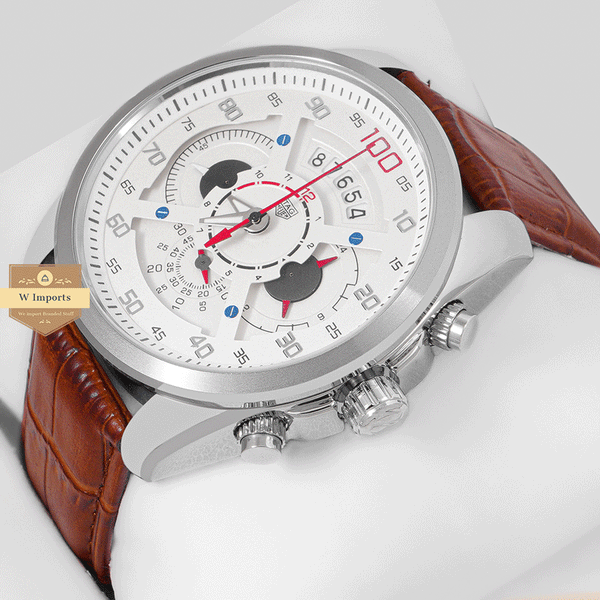 CHRONOGRAPH COLLECTION SILVER WITH WHITE DAIL & LEATHER STRAP WATCH