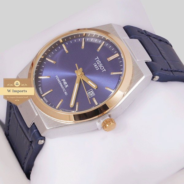 NEW COLLECTION TWO TONE GOLD SILVER WITH BLUE DAIL & LEATHER STRAP WATCH