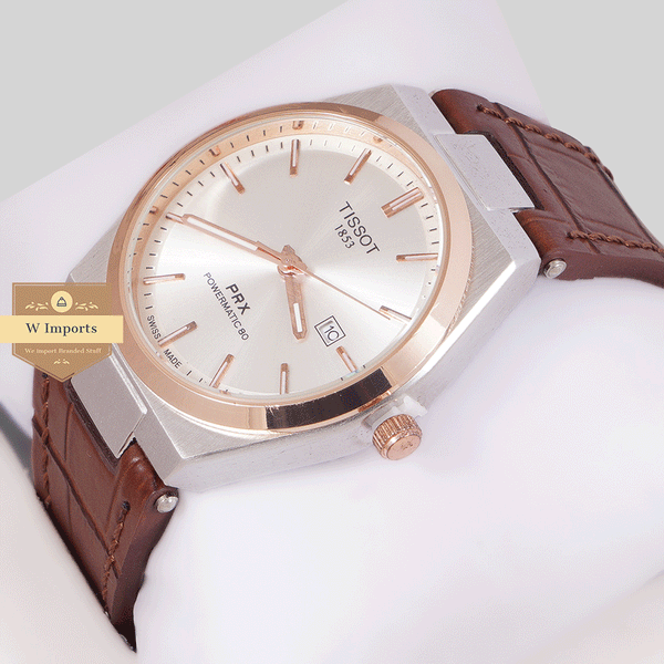 NEW COLLECTION TWO TONE ROSE GOLD SILVER WITH SILVER DAIL & LEATHER STRAP WATCH