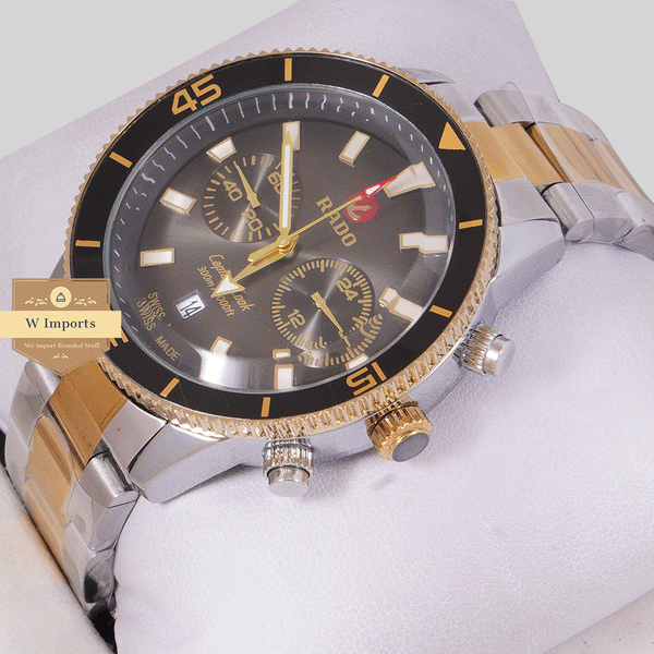 NEW CHRONOGRAPH COLLECTION TWO TONE YELLOW GOLD WITH BLACK GRESH DAIL & CHAIN WATCH