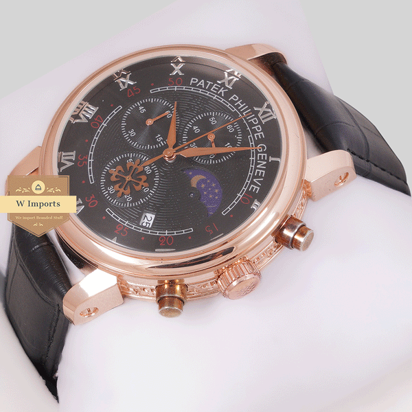 NEW CHRONOGRAPH COLLECTION ROSE GOLD WITH BLACK DAIL & LEATHER STARP WATCH