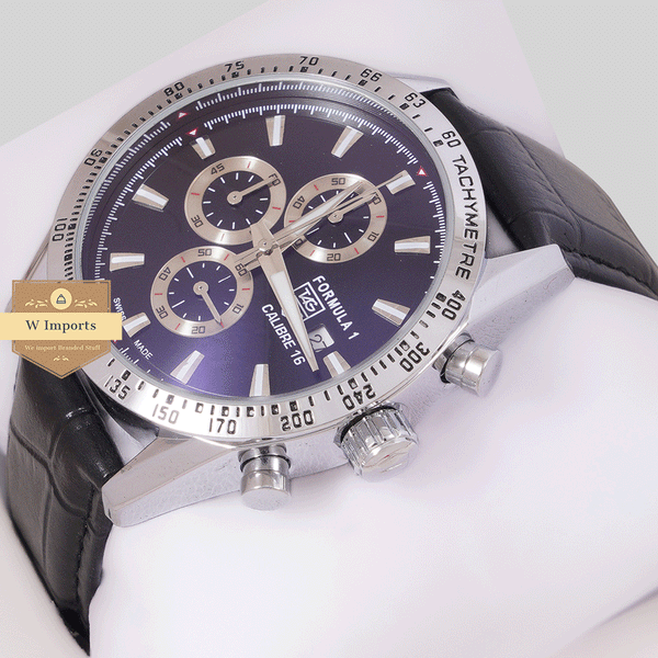 NEW CHRONOGRAPH COLLECTION SILVER WITH BLACK DAIL & LEATHER STRAP WATCH