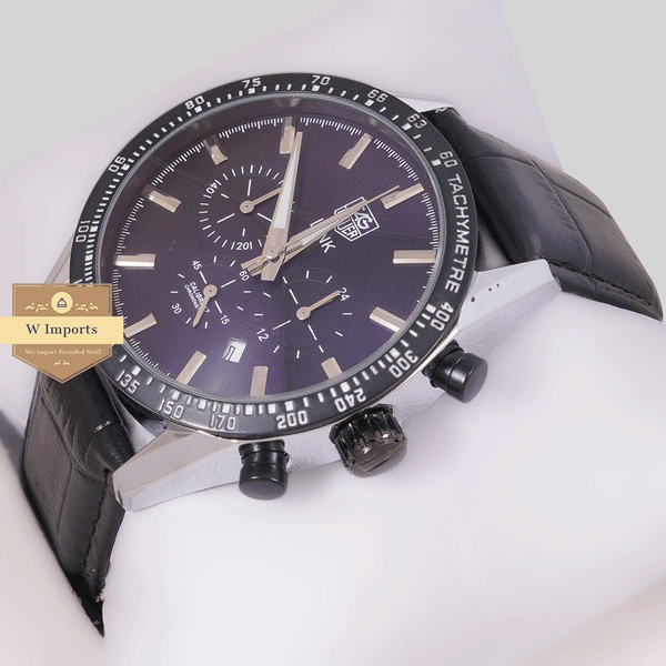 NEW CHRONOGRAPH COLLECTION SILVER WITH BLACK DAIL & LEATHER STRAP WATCH