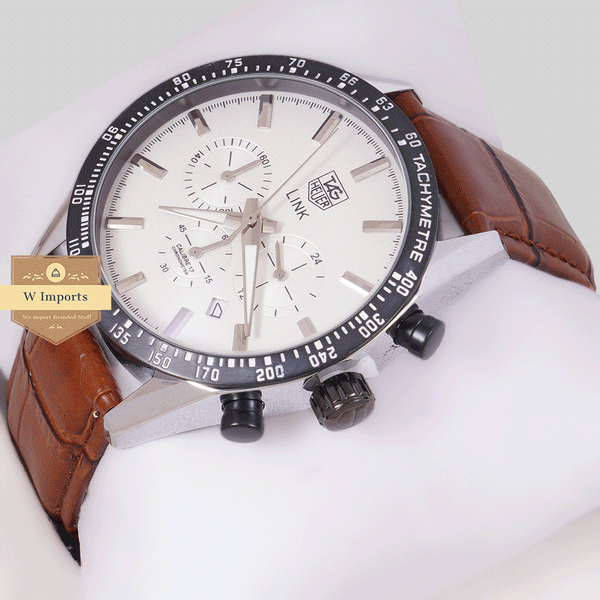 NEW CHRONOGRAPH COLLECTION SILVER WITH WHITE DAIL BLACK BAZEL & LEATHER STRAP WATCH